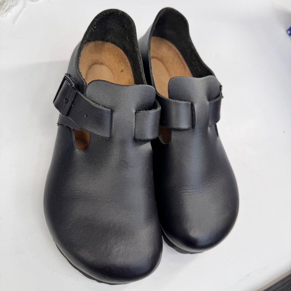 Birkenstock London Shoes Womens 37 US 6-6.5 Black Leather Clog Comfort Footbed - Picture 2 of 9
